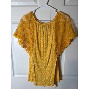 Bobeau Womens Yellow White Print Crochet Lace Flutter Sleeve Blouse Top Large